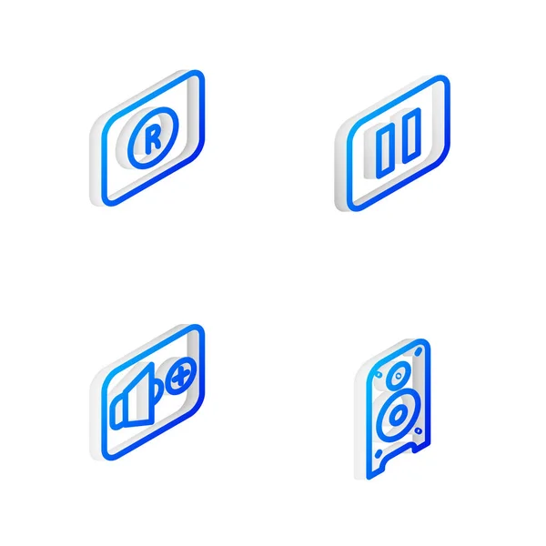 Set Isometrische Linie Pause Taste Aufnahme Lautstärke Und Stereo Lautsprecher — Stockvektor