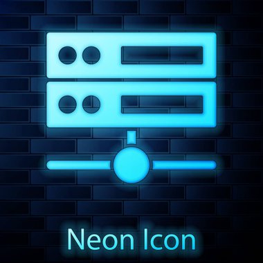 Parlayan neon sunucusu, Data, Web sunucu simgesi tuğla duvar arka planında izole edildi. Vektör.