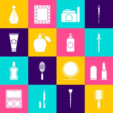 Saç fırçası ruj Pipette krem kozmetik tüp parfüm losyonu ve sprey kutusu ikonu ayarla. Vektör.