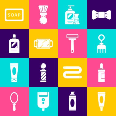 Krem veya losyon kozmetik tüp sakal ve bıyık bakım yağı şişesi saç fırçası jölesi tıraş köpüğü el aynası ayna şişesi şampuan çubuğu sabunu ve jilet ikonu. Vektör.