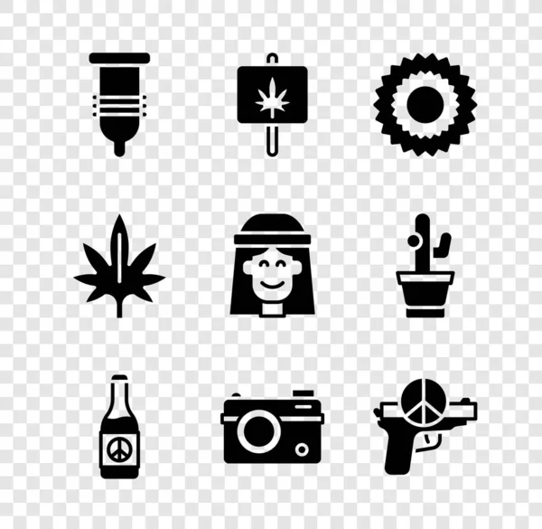 Set Condoom Marijuana Sun Bier Fles Fotocamera Geen Oorlog Hippie — Stockvector