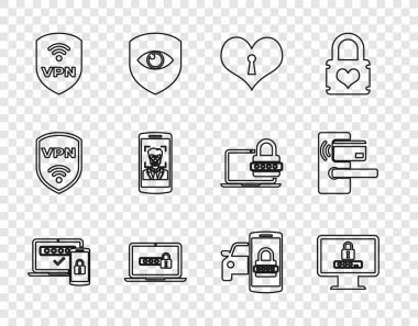 Hat İki Basamaklı Kimlik Doğrulama Monitörünü şifre Kalp Anahtar Deliği Bilgisayarlı VPN Kablosuz Mobil ile ayarla ve Akıllı Araba Güvenlik Sistemi ve Dijital Kapı Kilidi simgesiyle yüzleş. Vektör.