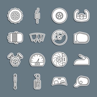 Hat aynası el freni diskini, sileceği, elektrikli motor tekerleğini ve hız göstergesi simgesini ayarla. Vektör.