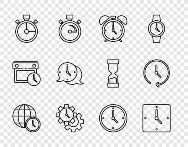 Establecer Línea Hora Mundial Reloj Despertador Gestión Del Tiempo Cronómetro — Archivo Imágenes Vectoriales