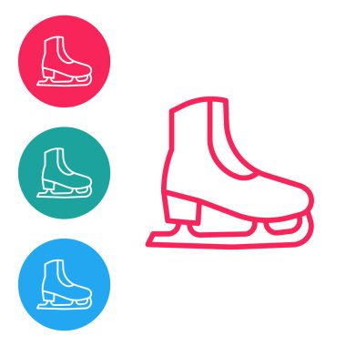 Kırmızı çizgi paten simgesi beyaz arkaplanda izole edildi. Buz pateni ayakkabısı ikonu. Kılıçlı spor botlar. Simgeleri daire düğmelerine ayır. Vektör.