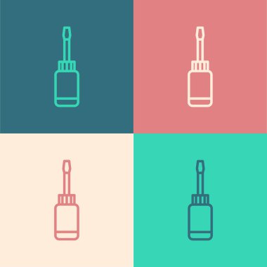 Pop sanat çizgisi tornavida simgesi renk arkaplanında izole edildi. Servis aracı sembolü. Vektör.