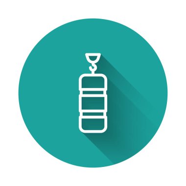 Beyaz çizgi Kum Torbası simgesi uzun gölge arkaplan izole. Yeşil daire düğmesi. Vektör.