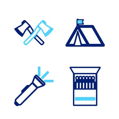 Hattı aç kibrit kutusunu aç ve Flashlight turist çadırını bayrak ve çapraz ahşap balta ikonu ile eşleştir. Vektör.