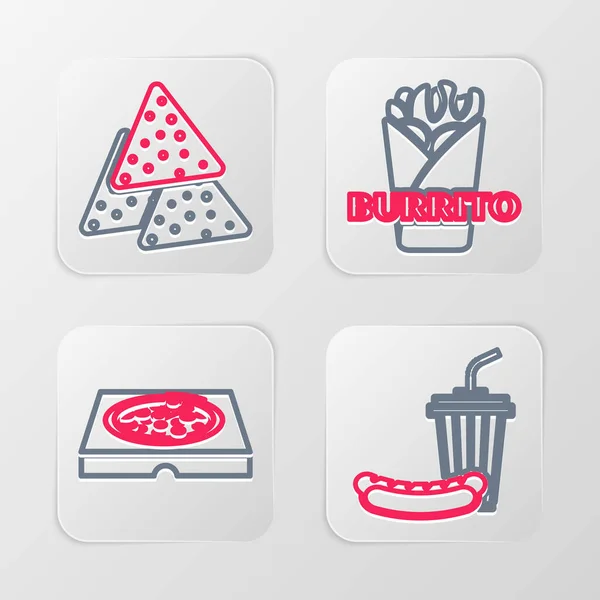 Set Line Soda Hot Dog Pizza Caja Cartón Burrito Icono — Vector de stock