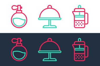 Fransız baskı parfümünü ayarlayın ve tepsi ikonu ile kaplayın. Vektör.