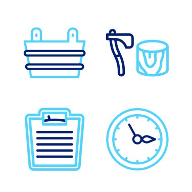 Sauna saatini ayarla. Banyo baltası kütük ve kova ikonunda tahta baltayı tartıyor. Vektör.