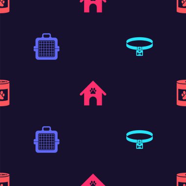 Köpek tasması, evcil hayvan taşıma çantası, evcil hayvan ve konserve yiyecekleri kusursuz şekilde yerleştirin. Vektör.