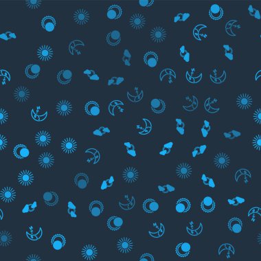 Güneş tutulması, güneş ve bulutlu hava, ay ikonu ve kusursuz desen. Vektör.