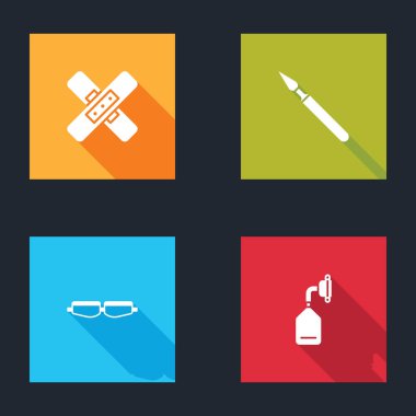 Çapraz bandaj bandı, tıbbi cerrahi neşter, güvenlik gözlüğü ve oksijen maskesi ikonu hazırlayın. Vektör.