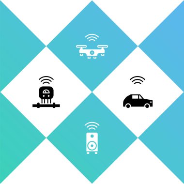 Smart sensörü, stereo hoparlör, drone ve araba sistemini kablosuz ikona ayarla. Vektör.