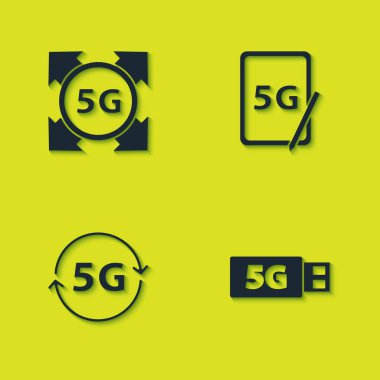 5G ağını, modemi ve grafik tabletini simgeyle ayarla. Vektör.