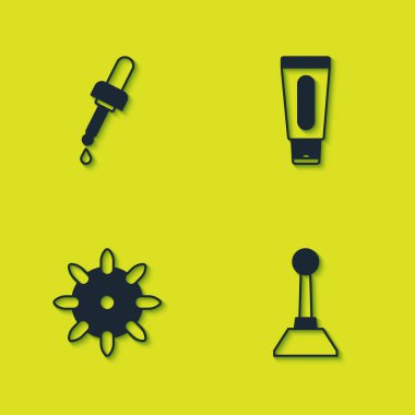 Pipette 'i yağlı ayarla, manikür için değirmen kesicisi, sahte tırnaklar ve el kremi ikonu tüpü. Vektör.