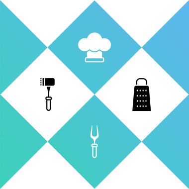 Mutfak Çekici Barbekü Çatalı Şef şapkası ve Grater simgesini hazırlayın. Vektör.