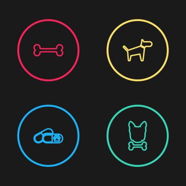 Çizgi köpek, haplar, kemik ve ikon. Vektör.