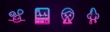 Dust hattını ayarla, kardiyogramlı monitör, mendil burun ve akıntısı. Parlayan neon ikonu. Vektör.