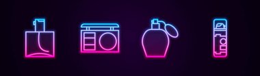 Sıra parfüm, göz farı paleti ve tıraş jeli köpüğü. Parlayan neon ikonu. Vektör.