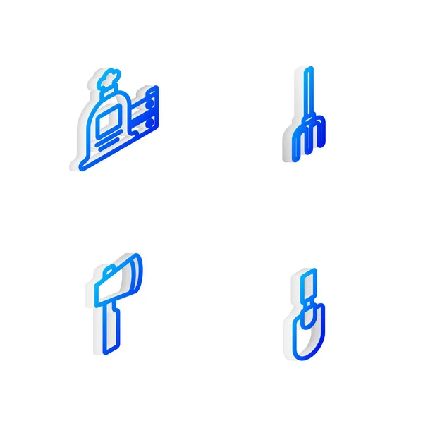 Set Isometric Line Zahradní Vidle Plný Pytel Dřevěná Krabice Dřevěná — Stockový vektor