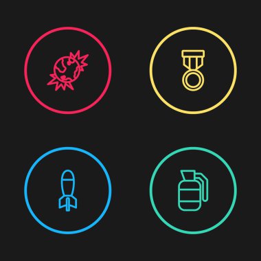 Roket atarı, el bombası, askeri ödül madalyası ve Dünya 'nın bomba patlayıcısı ikonu. Vektör.