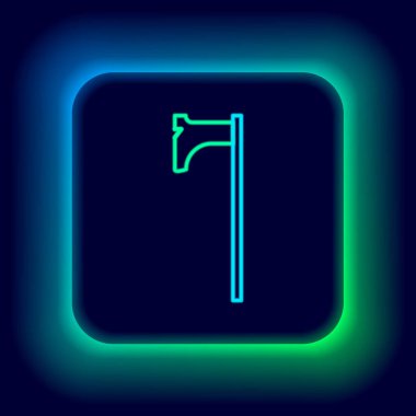 Parlayan neon hattı Ortaçağ balta simgesi siyah arka planda izole edildi. Savaş baltası, cellat baltası. Ortaçağ silahı. Renkli taslak konsepti. Vektör.