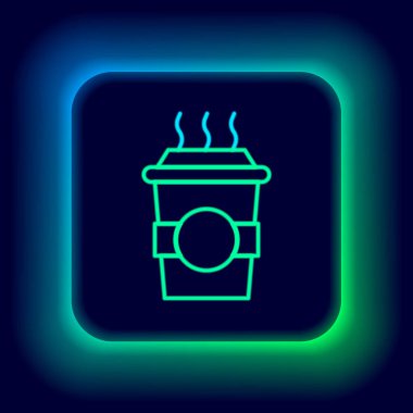 Siyah arka planda izole edilmiş parlak neon hattı kahve fincanı. Renkli taslak konsepti. Vektör.