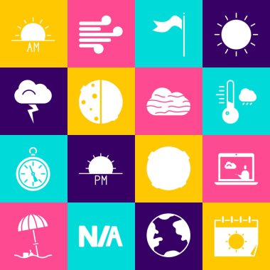 Takvim ve güneş hava tahminlerine göre Meteoroloji, rüzgar gülü, rüzgar gülü, fırtına gündoğumu ve sis bulutu ikonu. Vektör.