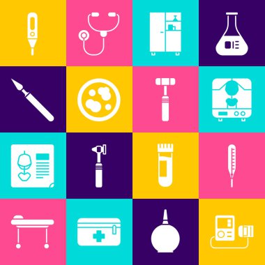 Kan basıncını ayarla Tıbbi termometre X-ray makinesi ilaç dolabı bakteri cerrahi neşter, dijital ve nöroloji refleks çekiç ikonu ile Petri kabı. Vektör.