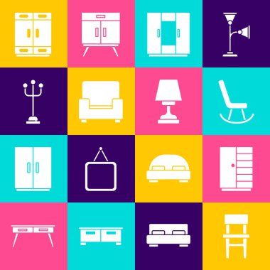 Koltuk Koltuğu Kol Koltuğu standını ve masa lambası ikonunu hazırla. Vektör.