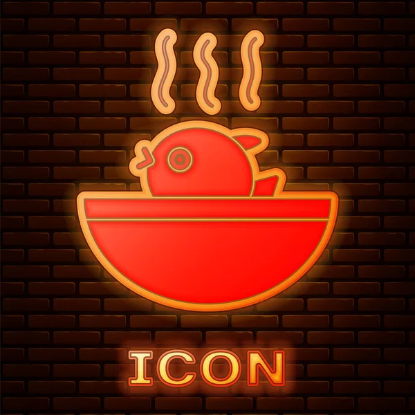 Glowing Neon Puffer Fish Soup Icon Isolated Brick Wall Background — Stock Vector