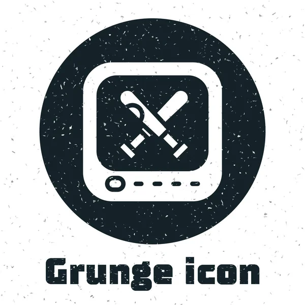 Grunge Monitor Baseball Ball Bat Screen Icon Isolated White Background — Stock Vector