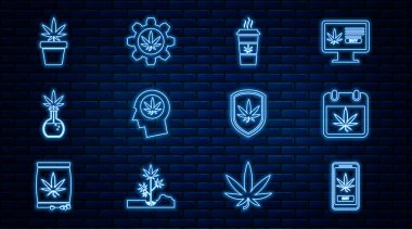 Set line Online marijuana takvimi ve kupalı kahve alıyor. Üzerinde kafa testi tüpü marihuana bitkisi kalkanı ve ikonu var. Vektör.