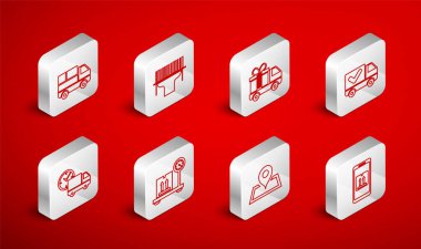 Satır Mobil 'i uygulama takip eden barkod taraması yapan barkod teslimat kamyonu hediye çeki ile harita kutuları üzerinde karton ve saat simgesi üzerinde ayarla. Vektör.