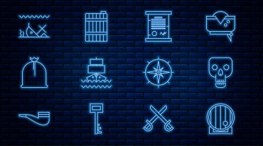 Tahta Varil Kafatası Parşömen Parşömeni Korsan çuvalı Batık gemi Rüzgar ve ikon yükseldi. Vektör.