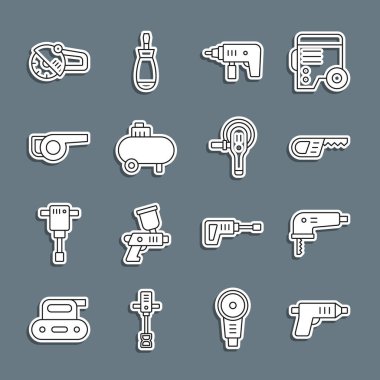 Elektrik kablosuz yap-boz, matkap makinesi, hava kompresörü, Yaprak, bahçe üfleyici, angle öğütücü ve simgeyi ayarla. Vektör.