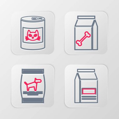 Köpek ve konserve kedi ikonu için yiyecek torbası hazırlayın. Vektör.