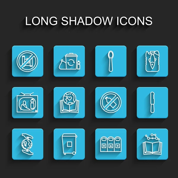 ラインを設定する地球を保持する手ゴミ箱はビニール袋にノーと言うことができますポスターゴミ缶ソートオープンブック使い捨てナイフとボトルのアイコン ベクトル — ストックベクタ