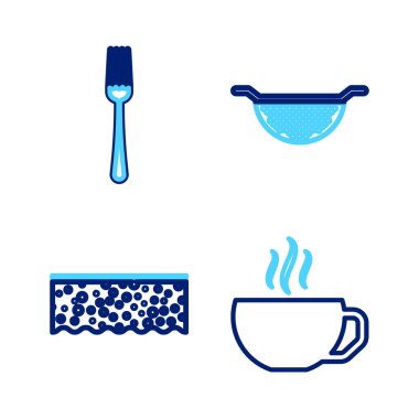 Kabarcıklı kahve fincanı süngeri. Mutfak süzgeci ve çatal ikonu. Vektör.