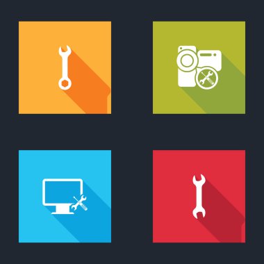 Anahtarı, video kamera servisini, bilgisayar monitörünü ve simgeyi ayarla. Vektör.