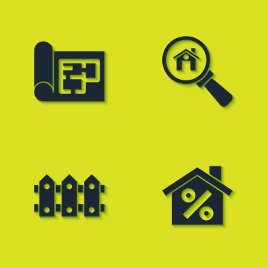 Ev planı, indirimli, bahçe çitleri ahşap ve arama evi ikonu. Vektör.