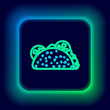 Siyah arka planda izole edilmiş tortilla ikonlu parlak neon hattı Taco. Geleneksel Meksika fast food 'u. Renkli taslak konsepti. Vektör.