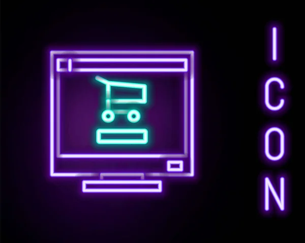 Gloeiende Neon Lijn Winkelwagen Scherm Computer Pictogram Geïsoleerd Zwarte Achtergrond — Stockvector