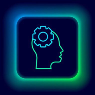Parlak neon hattı insan kafası ve siyah arka planda izole edilmiş ikon içerisindeki ekipman. Yapay zeka. Düşünen beyin. Beynin sembol çalışması. Renkli taslak konsepti. Vektör.