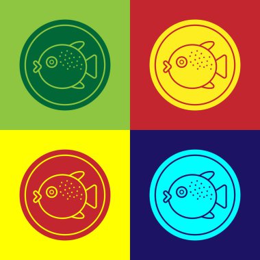 Renkli arka planda izole edilmiş bir tabak ikonunda Pop Art Kirpi Balığı. Fugu balığı Japon kirpi balığı. Vektör..