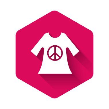 Beyaz Barış sembolü uzun gölgeli iz ikonu. Pembe altıgen düğmesi. Vektör.