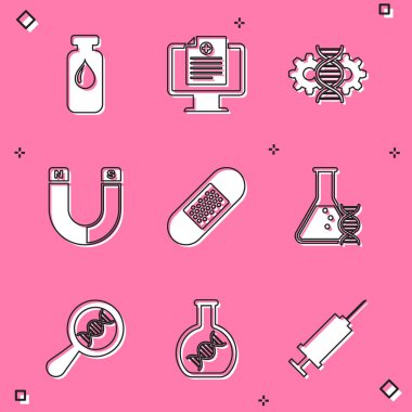 Tıbbi ampul klinik kayıtlarını gen montajlama bandajı ve DNA araştırma ikonunda ayarla. Vektör.