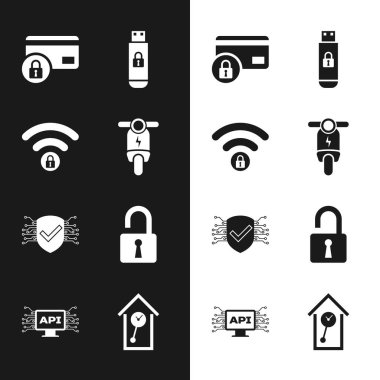 Elektrikli scooter Wifi 'nin kredi kartını USB flash bellek güvenliği ve asma kilit simgesiyle kilitle. Vektör.